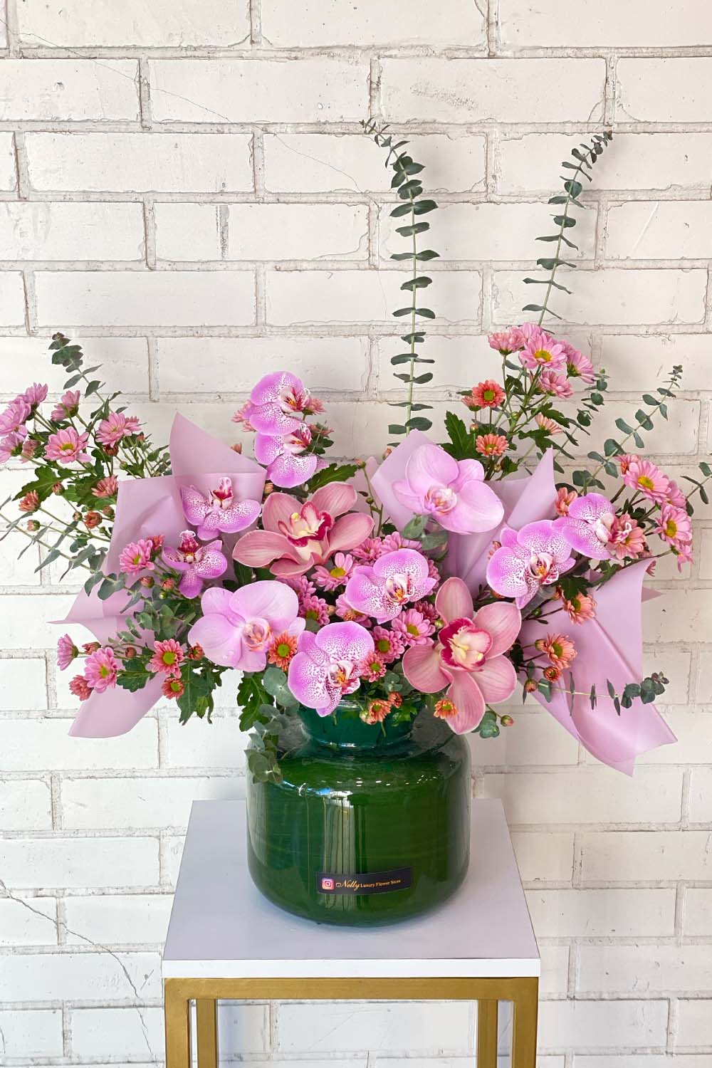 گلدان شیشه ای دیزاین ۴۵ سانت ارکیده های خالدار نلی